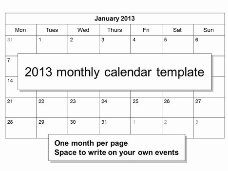 Free 2013 Monthly Calendar Template