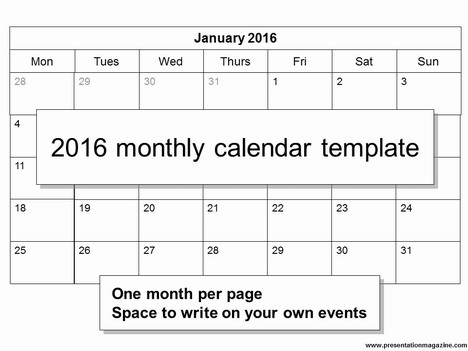 Free 2016 Monthly Calendar Template