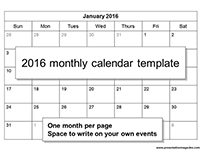 Free 2016 printable calendar template (Sunday Start) thumbnail