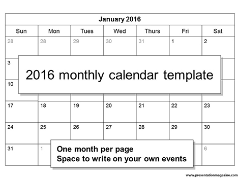 Free 2016 printable calendar template (Sunday Start)