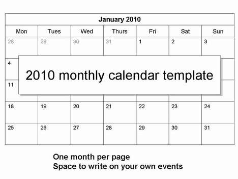 calendar template 2010. 2010 Monthly Calendar Template