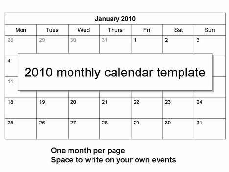 2010 Monthly Calendar Template calendar template 2010. 2010 Monthly Calendar Template