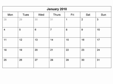 2010 Monthly Calendar Template