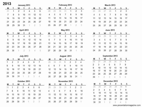 2013 Yearly Calender on Free 2013 Printable Calendar Template Slide2