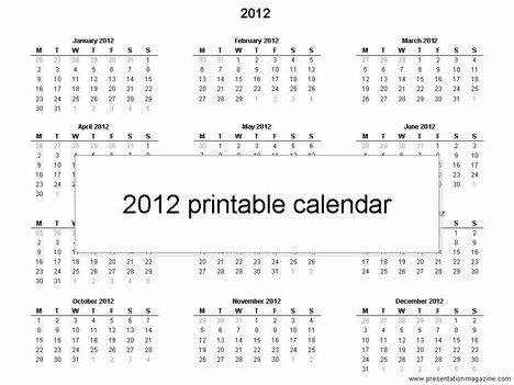 Free 2012 printable calendar template