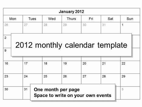 Free 2012 Monthly Calendar Template