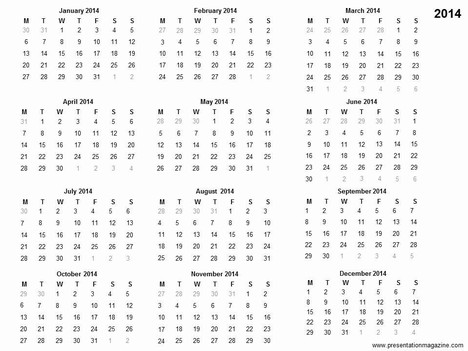 Free 2014 printable calendar template inside page