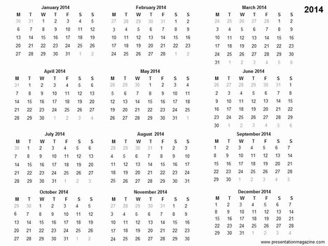 Free 2014 printable calendar template inside page