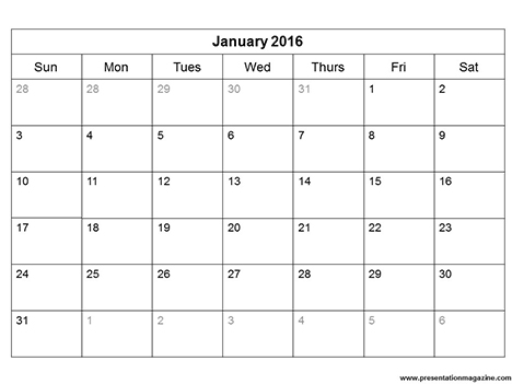 Free 2016 printable calendar template (Sunday Start) inside page