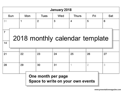 Free 2018 printable calendar template (Sunday Start)