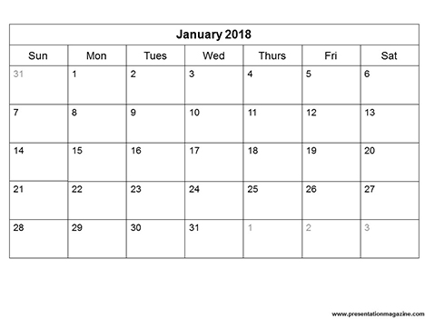 Free 2018 printable calendar template (Sunday Start) inside page