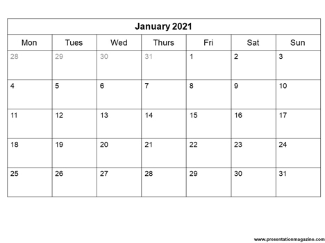 Free 2021 Monthly Calendar Template inside page