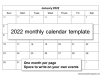 Free 2022 printable calendar template (Sunday Start)