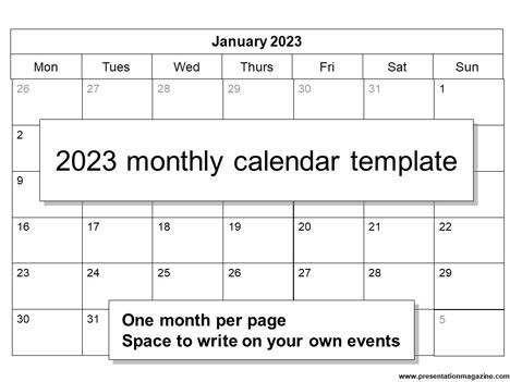 Free 2023 Monthly Calendar Template