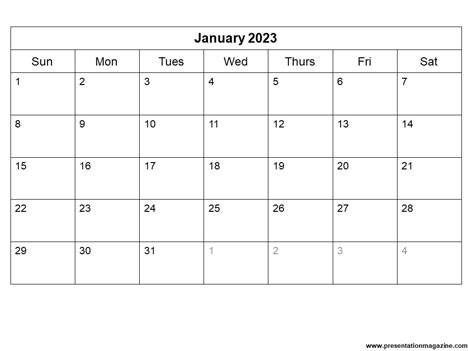 Free 2023 printable calendar template (Sunday Start) inside page